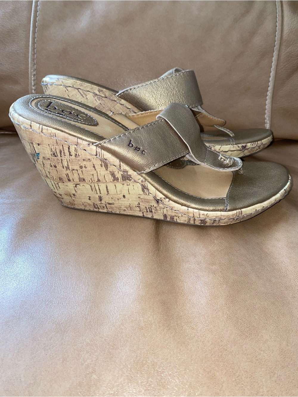 b.o.c. Metallic Gold Cork Wedge Sandals for Women, Size 9
